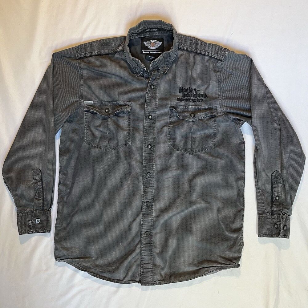 Harley Davidson  Shirt Mens M Gray Striped Black Label Button Up Embroidered